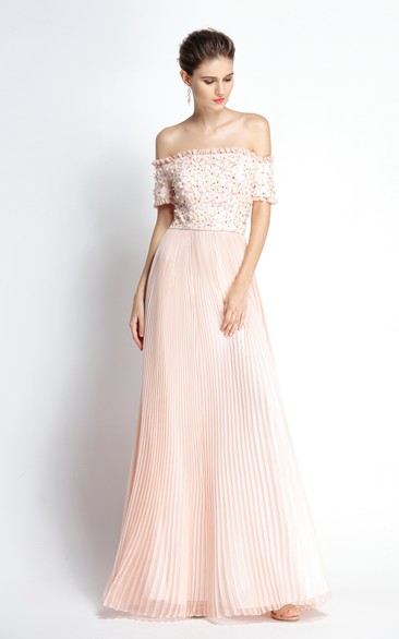 Floor-length A-Line Off-the-shoulder Short Sleeve Chiffon Prom Dress with Beading and Flowers