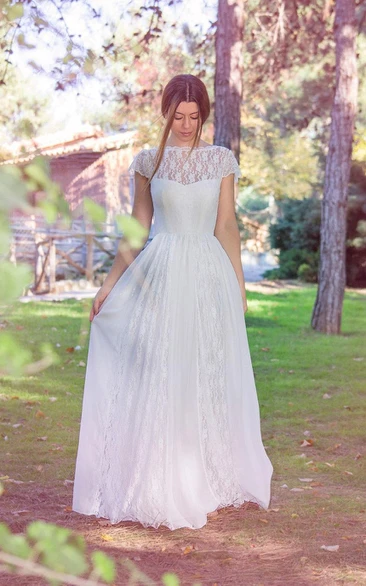Bateau Short Sleeve Lace A-line Wedding Dress With Pleats And Deep-V Back