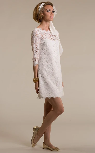 Sheath Scoop 3/4 Length Sleeve Short lace Wedding Dress