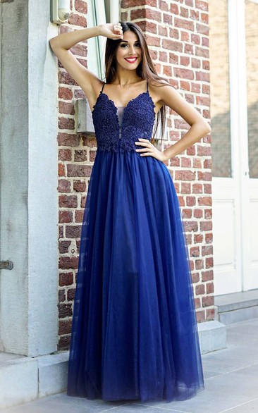 Spaghetti Tulle Sleeveless Floor-length A Line Prom Dress with Appliques