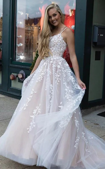Formal Spaghetti Empire A-line Tulle Lace Corset Back Prom Dress