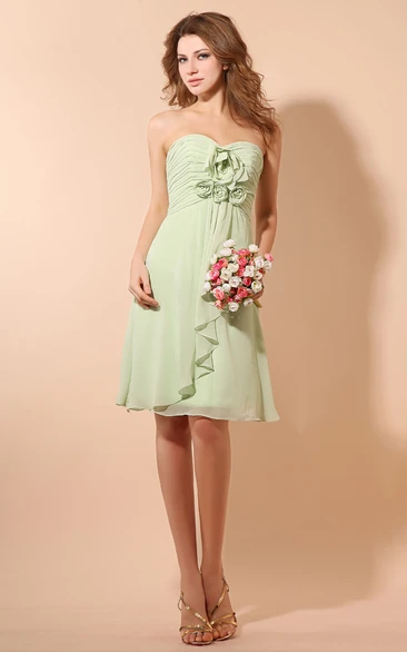 Ethereal Soft Flowing Fabric Short Dress With Ruching And Flower