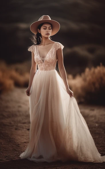 Lace Cap Empire V-neck Tulle Country Boho Wedding Dress