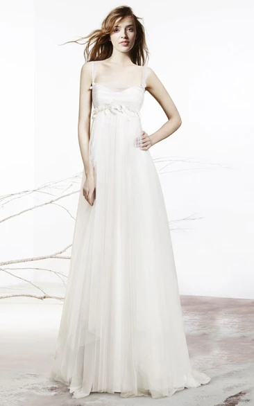 A-line Sweetheart Sleeveless Floor-length Tulle Wedding Dress with Low-V Back and Flower