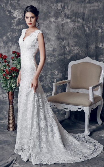 Plunged Sleeveless Sheath Lace Wedding Dress With Low-V Back And Sweep Train