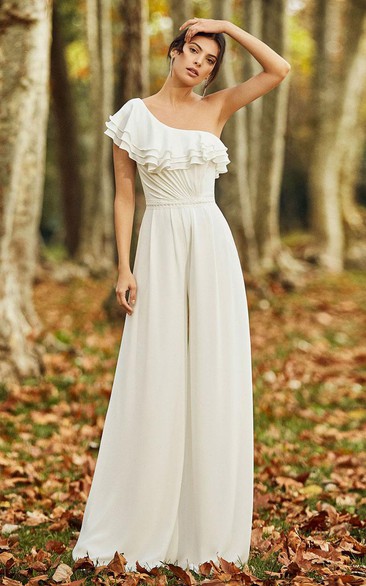 Ivory Draping One Shoulder Empire Chiffon Ruching Bridal Jumpsuit