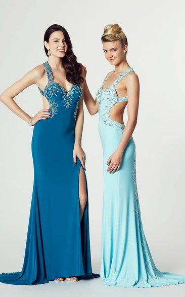 Mermaid/Trumpet Straps Sleeveless Floor-length Jersey Formal Dress with Split Front and Beading