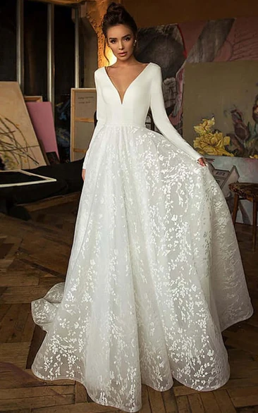 Long Sleeve V-neck Empire A-line Backless Wedding Dress