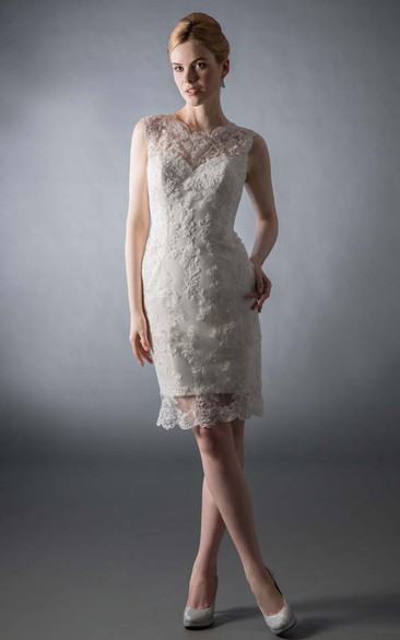 Pencil Scoop Sleeveless Floor-length Lace Wedding Dress with Illusion and Appliques