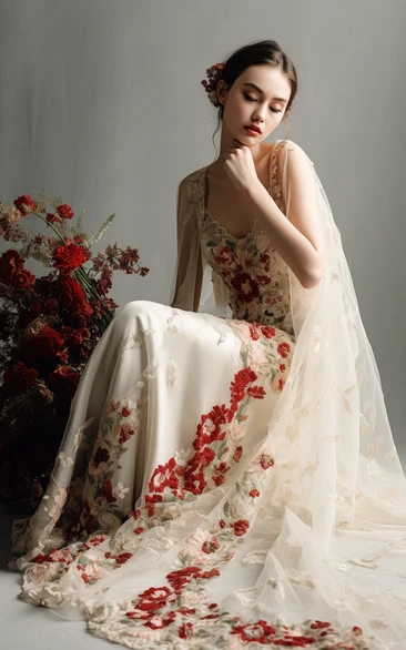 V-neck Sheath Chiffon Red and White Wedding Dress with Watteau Train