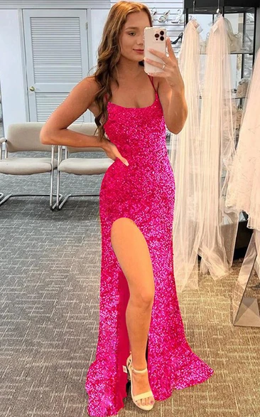 Spaghetti Front Split Sequin Pink Sexy Prom Dress