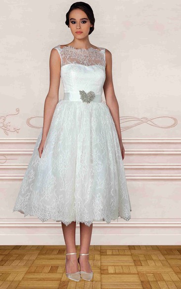 Bateau Lace Sleeveless Tea-length Dress With Embellished Waist