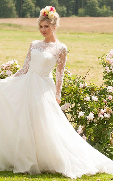 A-line High Neck Long Sleeve Floor-length Chiffon Wedding Dress with Low-V Back and Appliques