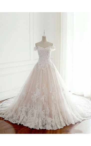 A-line Sleeveless Floor-length Chapel Train Off-the-shoulder Lace Tulle Wedding Dress with Lace-up Back