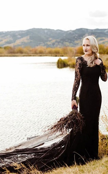Gothic Black V Neck Long Sleeve Trumpet Style Lace Wedding Dress with Keyhole and Court Train
