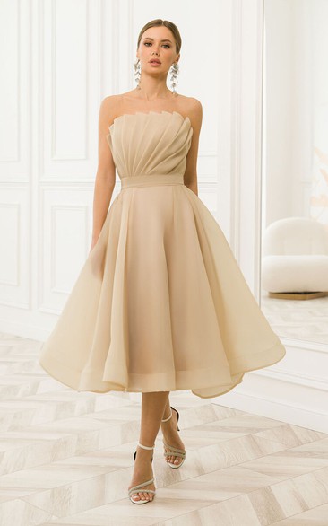 Strapless Ruched Champagne A-line Tea-length Dress