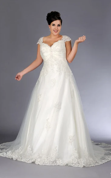Cap-sleeve A-line Tulle Ball Gown With Lace Appliques And lace up