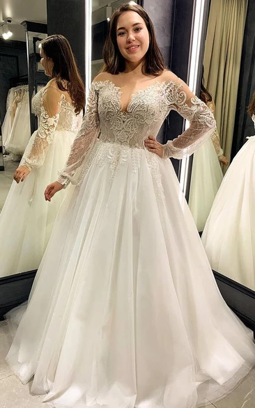 Lace Off-the-shoulder Illusion Long Sleeve Empire Plus Size Ball Gown Wedding Dress