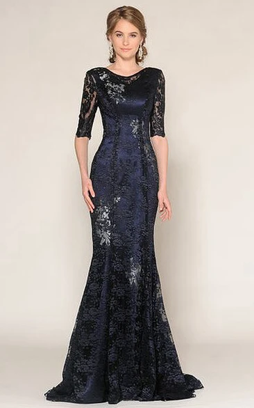 Mermaid/Trumpet Scoop Half Sleeve Floor-length Lace Mother Of The Bride Dress with Illusion and Appliques