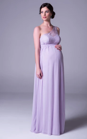 One-shoulder Chiffon Empire long Maternity Dress With Lace And Illusion