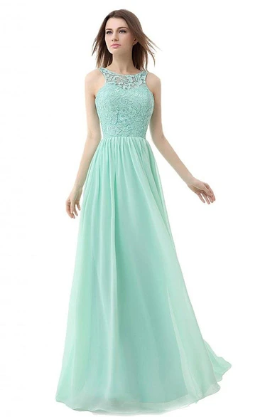 Jewel-Neck Sleeveless A-line Chiffon Dress With Lace top