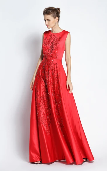 Floor-length A-Line Jewel Sleeveless Satin Prom Dress with Beading