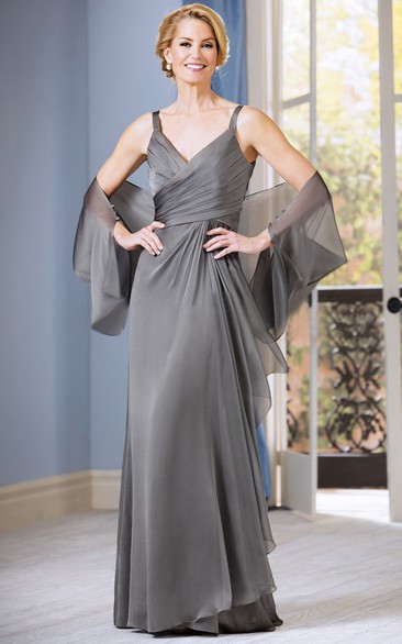 Sheath V-neck Sleeveless Floor-length Chiffon Mother of the Bride Dress with Low-V Back and A Matching Shawl