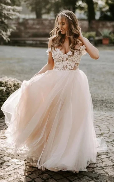 Off-the-shoulder A-line Flowy Lace Tulle Wedding Dress