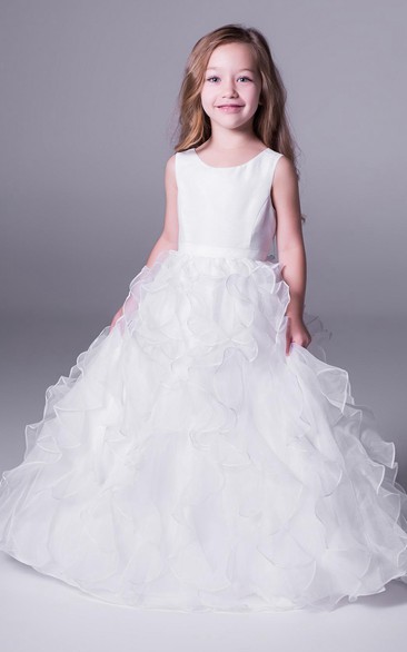 Sleeveless Satin Ball-Gown Princess Organza Long Flower Girl Dress