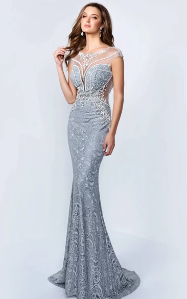 Sheath Scoop Cap-Sleeves Brush Train Lace Prom Dress with Illusion and Appliques