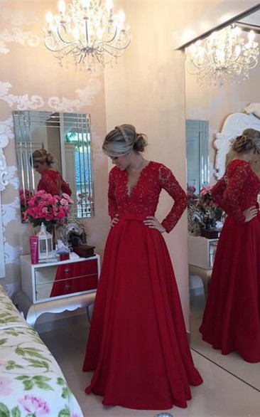 Taffeta Pearls Long Sleeve Formal Red Delicate Lace Dress