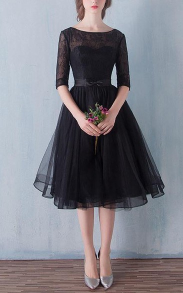 Half-Sleeves Satin-Ribbones Prom Scoop-Neck A-Line 3-4-Length Lace Dress