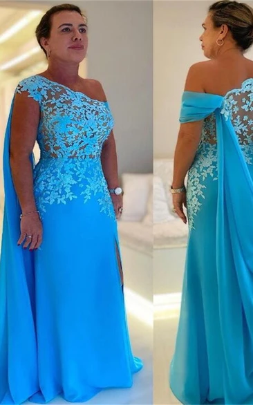 Stunning Blue One Shoulder Lace Abaya Floor Length Mother Of The Bride Dress