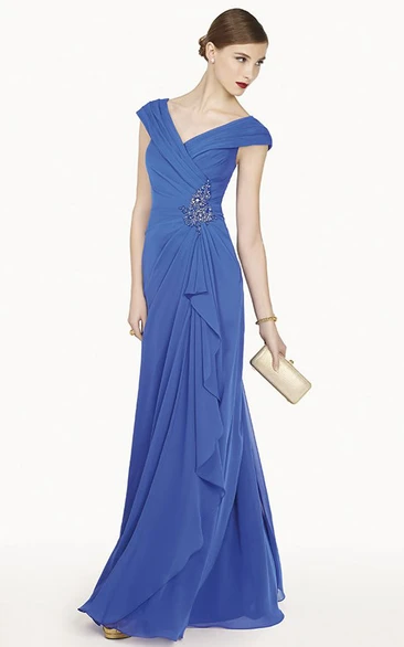 V-neck Cap-sleeve long evening Dress With Draping