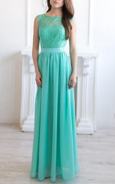 Bateau Sleeveless Floor-length Bridesmaid Dress With Lace top