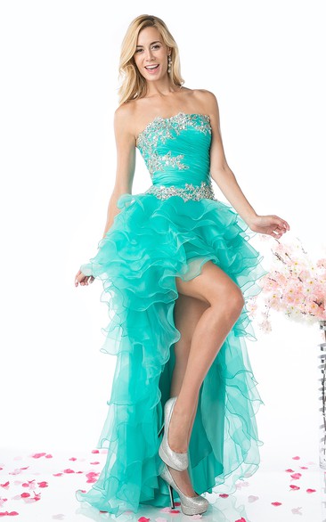 A-Line Tiered Jeweled High-Low Strapless Organza Sleeveless Backless Dress