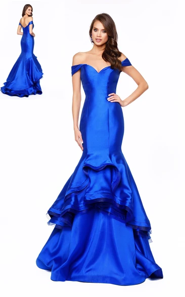Mermaid/Trumpet Off-the-shoulder Sleeveless Court Train Satin Prom Dress with Low-V Back and Tiers