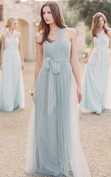 One-shoulder Tulle draped Bridesmaid Dress With Ruching And bow