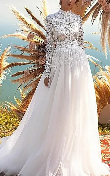 Modest High-neck Lace Long Sleeve A-line Wedding Dress