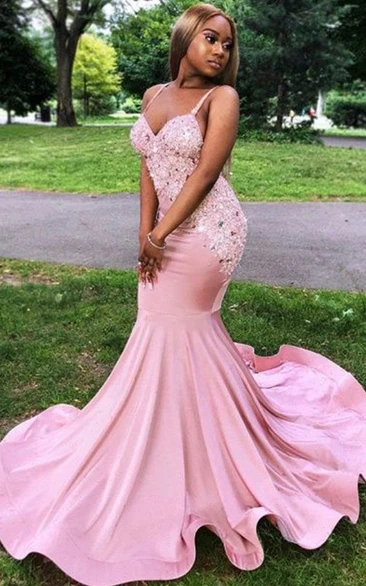 Pink Spaghetti Mermaid Beaded Plus size Prom Dress