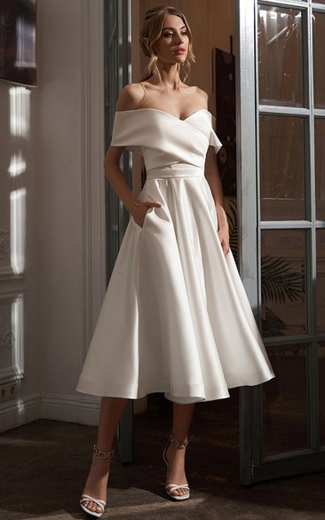 Satin Off-the-shoulder A-line Tea-length Lace up Wedding Dress