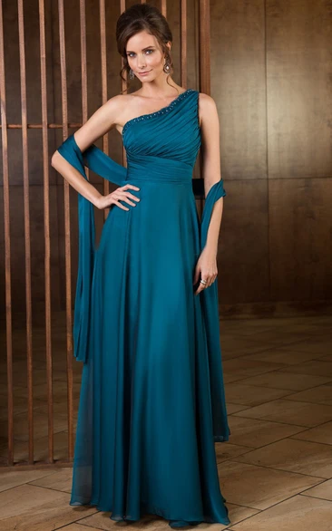 A Line One-shoulder Sleeveless Floor-length Chiffon Mother Of The Bride Dress with Ruching and Shawl