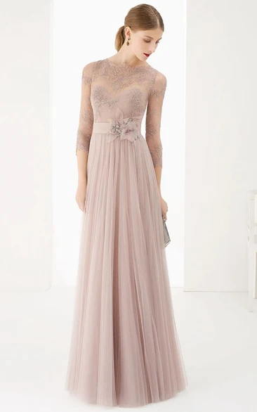 Tulle Long Sleeve Pleated Dress With Flower And Appliques