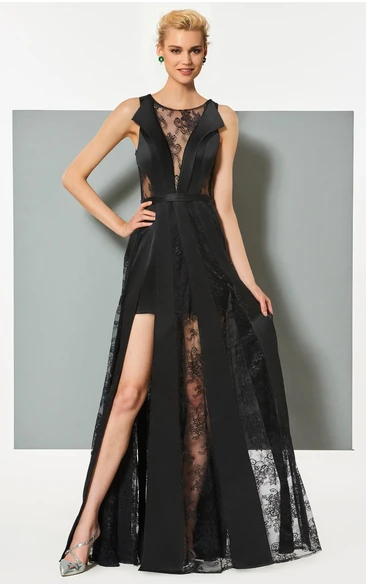 Sexy Satin and Tulle Sheath Bateau Sleeveless Long Dress with Applique