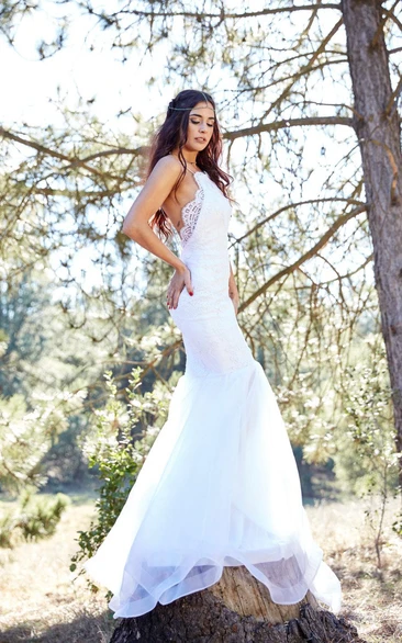Chiffon Lace Spaghetti-Strapped Mermaid Wedding Tulle Gown