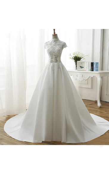 High Neck Illusion Ball Gown Wedding Dress With Appliques And Beadings