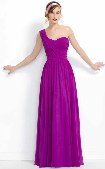 A-line One-shoulder Sleeveless Floor-length Chiffon Bridesmaid Dress with Ruching