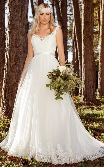 V-neck Cap-sleeve Tulle Ball Gown With Appliques And Court Train