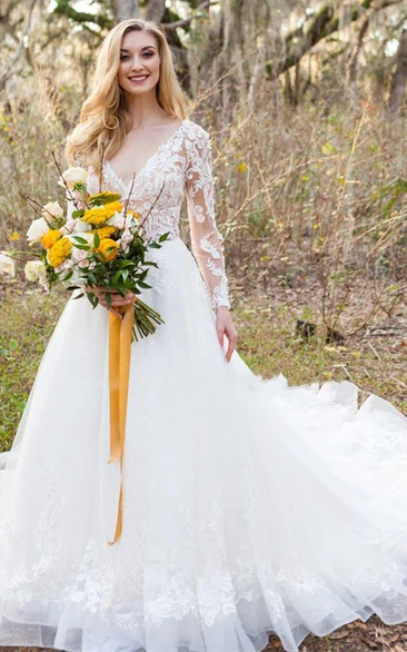 A Line V-neck Lace Tulle Floor-length Court Train Long Sleeve Wedding Dress With Appliques