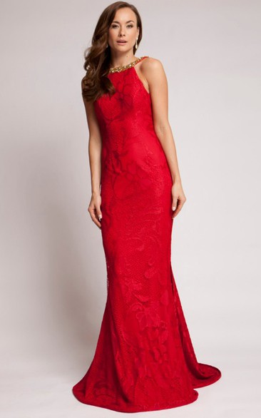 Sheath Scoop Sleeveless Floor-length Lace Mother Of The Bride Dress with Backless and Beading